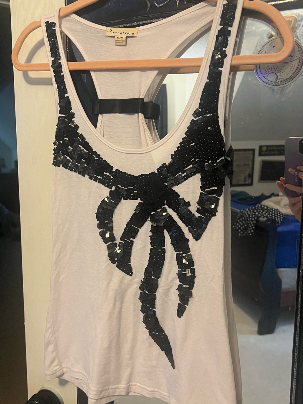 Forever 21 White Racerback Tank with Black Sequin Bow